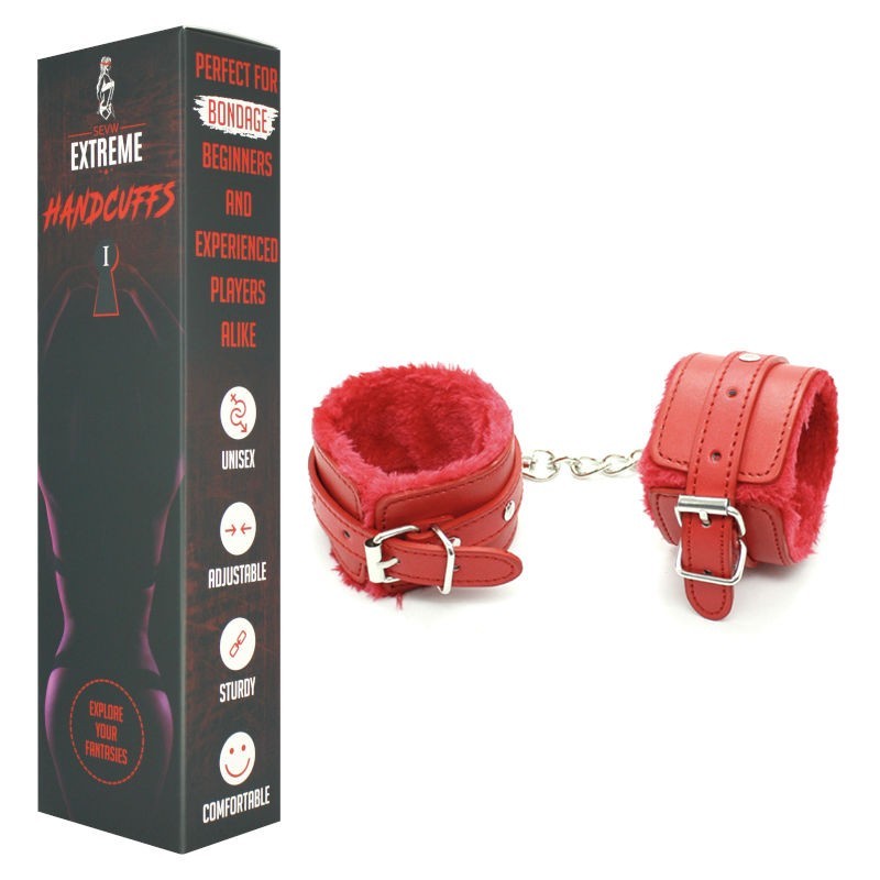 FUR LINED WRIST FAUX LEATHER HANDCUFFS – RED