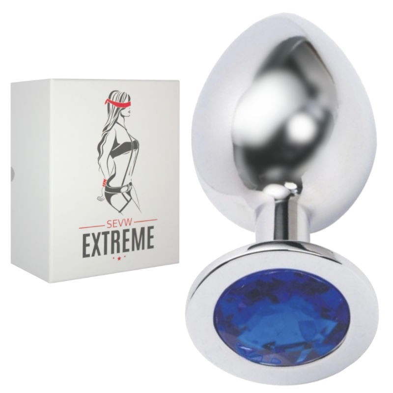 BUTTPLUG ROSEBUD ARGENTÉ AVEC CRYSTAL BLEU – GRAND