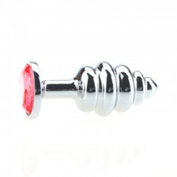 GROOVED ROSEBUD SILVER BUTTPLUG RED CRYSTAL - SMALL