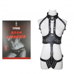 Black Leather Teddy Body Harness with O-ring