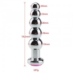 Buttplug 5 Bolas Prateado com Cristal Vermelho