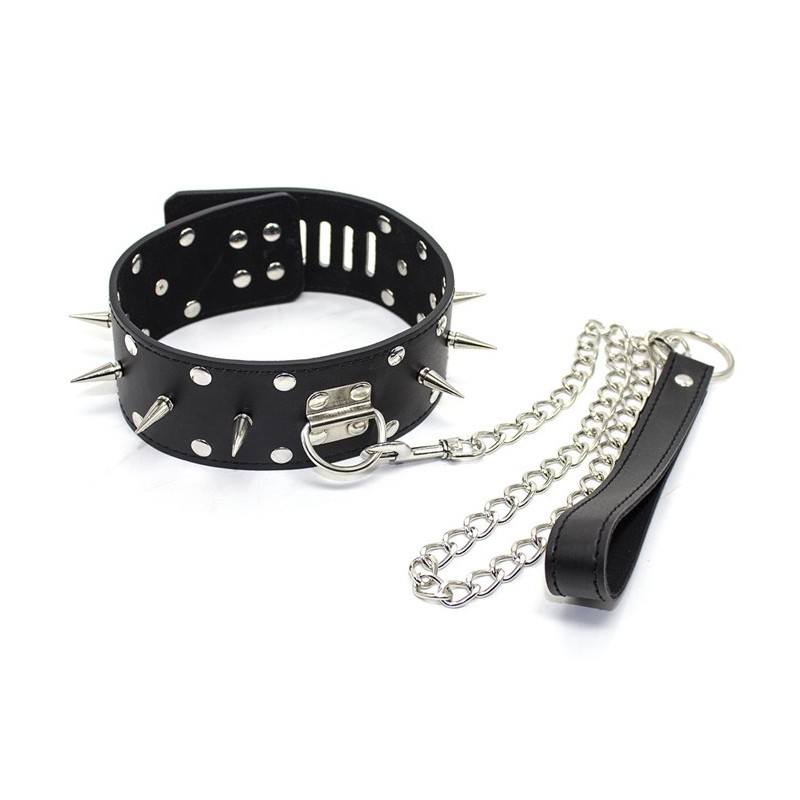 Leather Collar with leash, rivets decoration, padlock & key